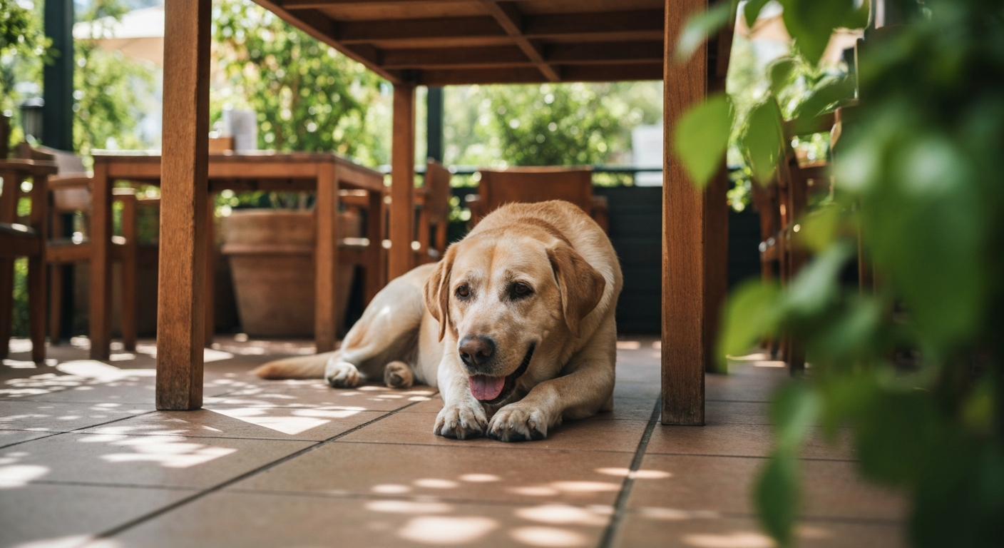 A happy dog lying in the shade under a restaurant table on a warm day