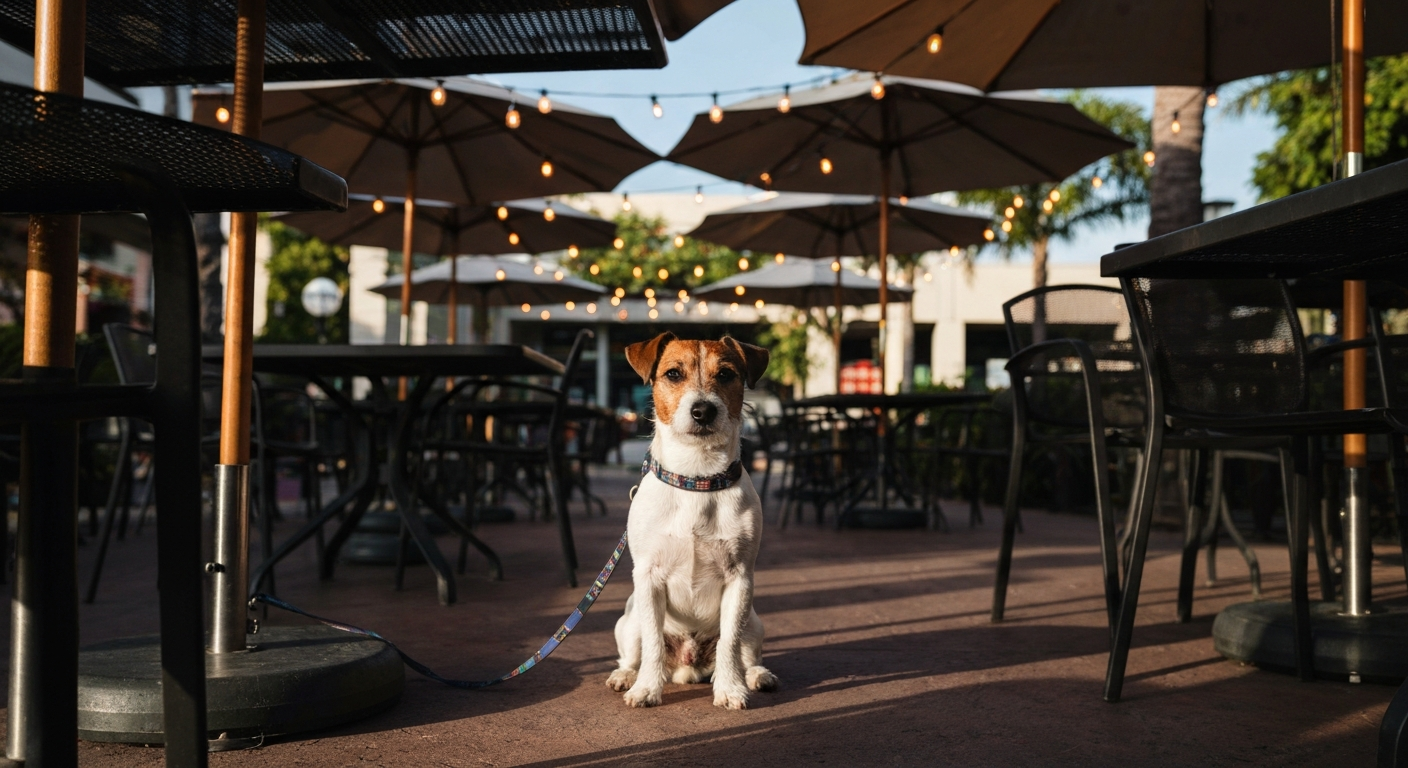A dog sitting contentedly at a shaded outdoor café table