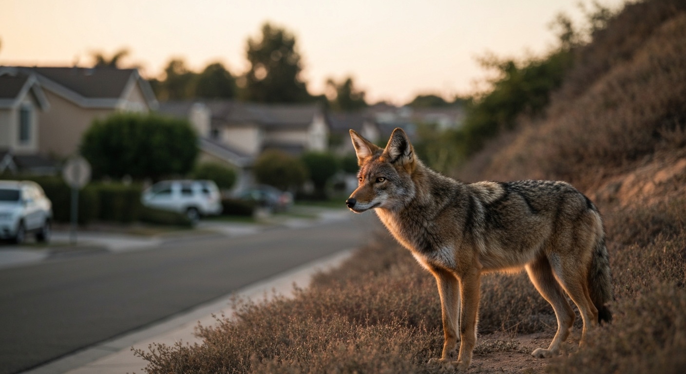 A coyote spotted at the edge of an Orange County neighborhood at dusk, golden hour light, photorealistic wildlife photography