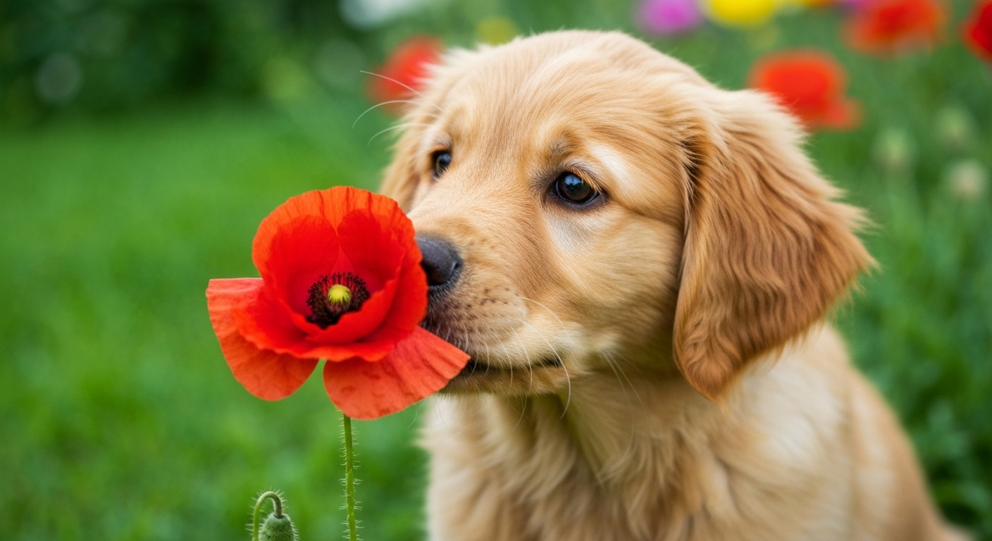 A medium-sized golden retriever lying on a clean tile floor in a bright, peaceful home with large windows and natural light, calm and content
