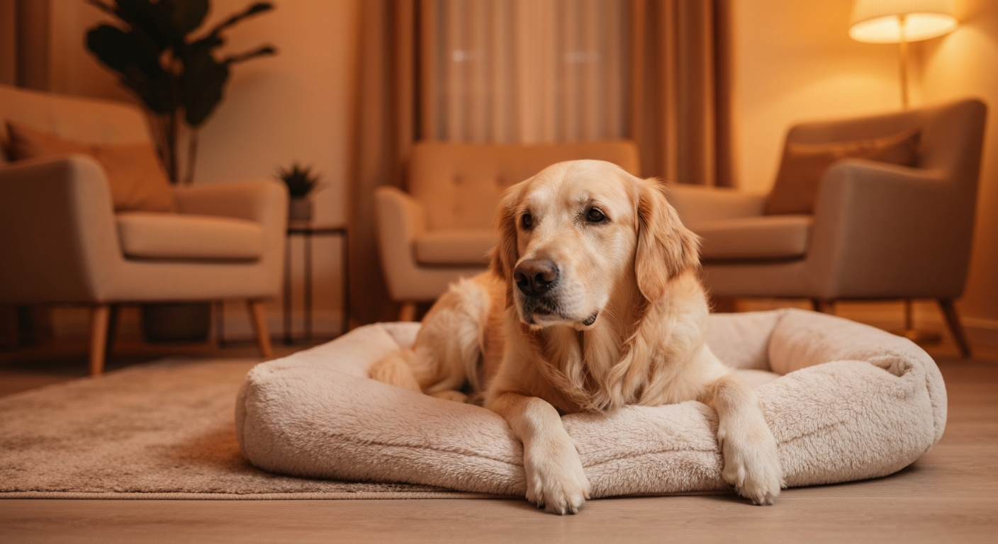 A golden retriever relaxing contentedly on a plush dog bed in a cozy home living room, peaceful and calm, warm ambient lighting