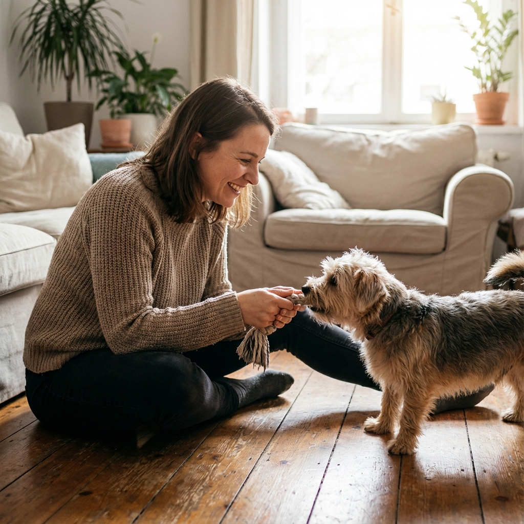 Pet sitter playing with a dog