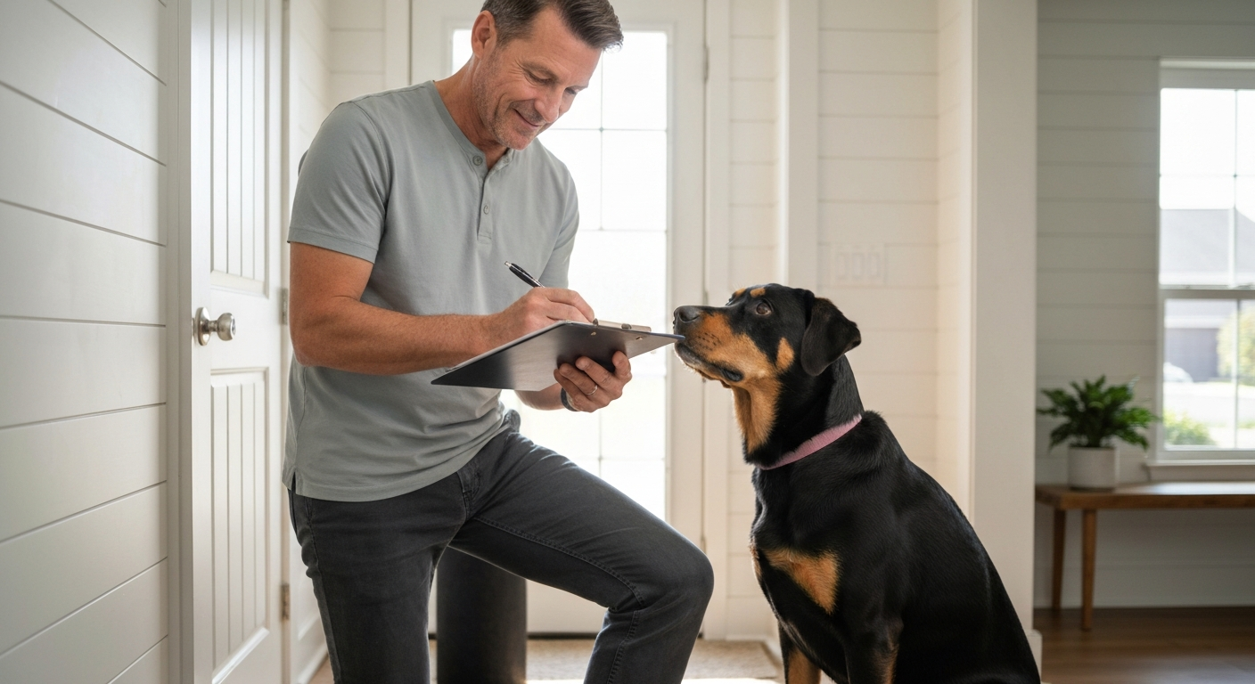 A dog owner reviewing notes on a clipboard beside their attentive dog in a bright home hallway, preparing for a boarding stay