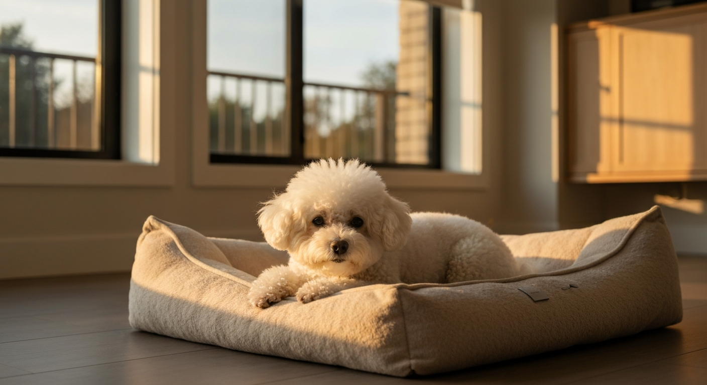 A small dog resting peacefully in a home environment during a boarding stay, cozy indoor setting, warm afternoon light, photorealistic, professional pet photography, no text