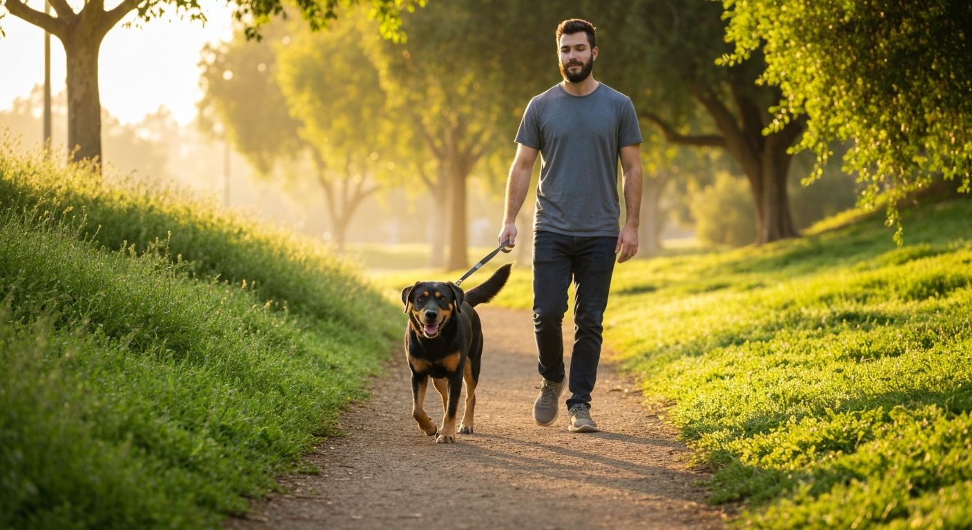 A dog on a leash walking along a green trail in an Irvine neighborhood park, morning light, photorealistic, professional pet photography, no text