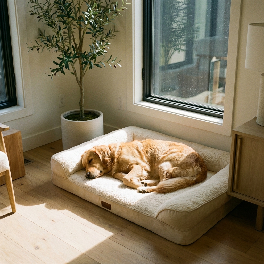 A peaceful dog sleeping on a premium bed in a sunlit room