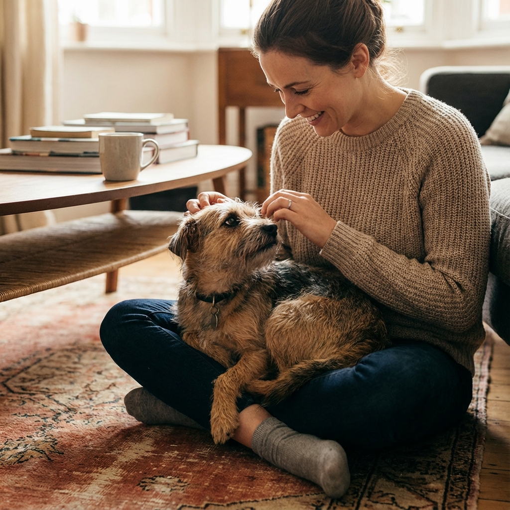 A caring pet sitter bonding with a small dog